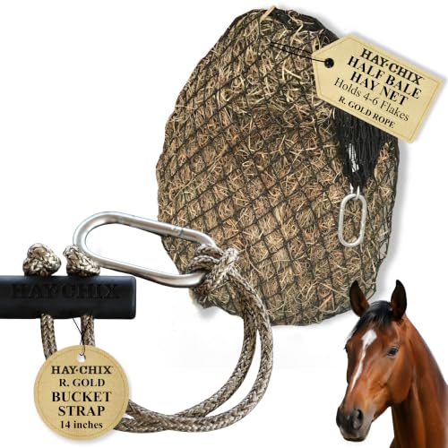 hay chix Half Bale Hay Net & Bucket Strap Bundle | 1 3/4" Holes, R. Gold