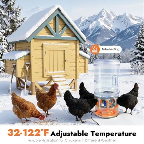 Poultry Chicken Water Heater, 80W Heated Chicken Waterer 5 Gallon with 32 °F-122°F Temperature Adjustable, 9 Drinking Windows & LED Display Screen, Poultry Water Deicer for Winter
