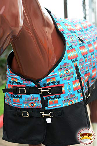 Waterproof Horse Turnout Sheet Hilason 1200D Rip-Stop Lightweight Rain Sheet with Belly Wrap Taffeta Lining Shoulder Gussets - color: Turquoise Aztec With Black, size: 75 in