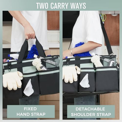 SCAVATA Wearable Cleaning Caddy, Cleaning Caddy Supplies Organizer with Handle & Shoulder Straps for Housekeepers, Under Sink & Car Cleaning Tool Organizers Bag with 4 Foldable Divider (Celadon) - color: Celadon