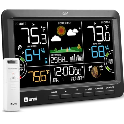 Weather Station Indoor Outdoor Thermometer Wireless Atomic Clock Black | Home Atomic Clock Large Constant Display, Inside Outside Temperature Humidity Monitor, Dew Heat Point, Barometer - color: Black