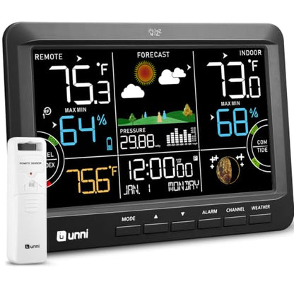 Weather Station Indoor Outdoor Thermometer Wireless Atomic Clock Black | Home Atomic Clock Large Constant Display, Inside Outside Temperature Humidity Monitor, Dew Heat Point, Barometer - color: Black
