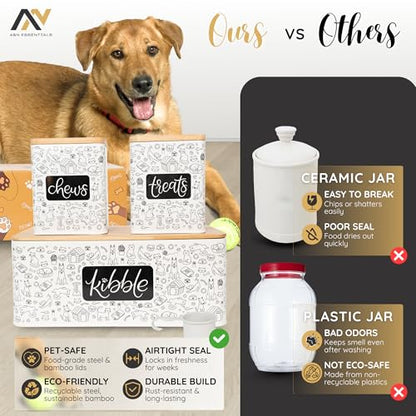 A&N Essentials 3-Piece Pet Food Storage Container Set – Airtight Galvanized Steel with Bamboo Lids – Holds Up to 6 lbs Kibble & 6 Cups Treats for Dogs & Cats