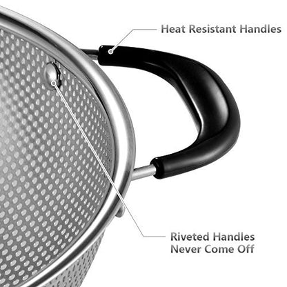 Tiawudi 18/8 Stainless Steel Colander, Easy Grip Micro-Perforated 5-Quart Colander, Strainer with Riveted and Heat Resistant Handles, BPA Free. Great for Pasta, Noodles, Vegetables and Fruits