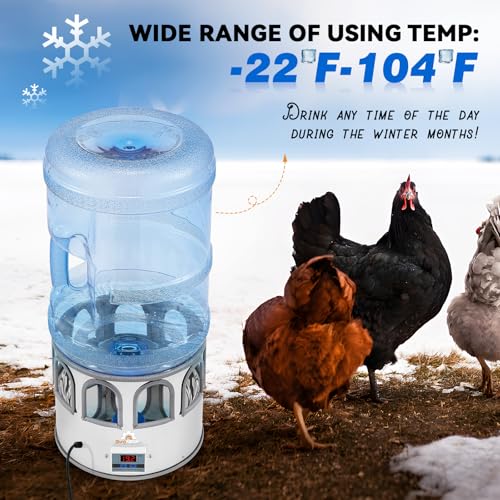 Heated Chicken Waterer 5 Gallon Adjustable Temperature for Winter | Heated Chicken Waterer with 8 Drinking Ports, Temperature Controlling for Ducks, Geese, 9.84ft Cord Length