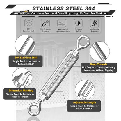 AUTMATCH M4 Eye & Eye Turnbuckle - 304 Stainless Steel Wire Rope Tensioner | Adjustable Turnbuckle for Cable Railing, Fence & Shade Sail Hardware, Wire Rope Tension Kit, 6-Pack, Silver - color: Silver Tone - Eye & Eye, size: M4