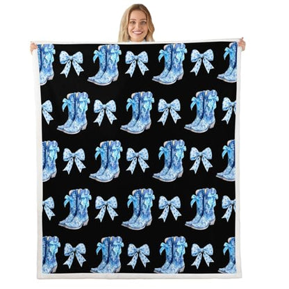 Erosebridal Blue Bow Fleece Blanket Cute Bows Sherpa Blanket 40"X60" Western Cowboy Boots Fuzzy Plush Throw for Kids Boyd Girls Teens Cowgirl Polka Bowknot Throw Blankets - color: Black Blue, size: 40"x50"