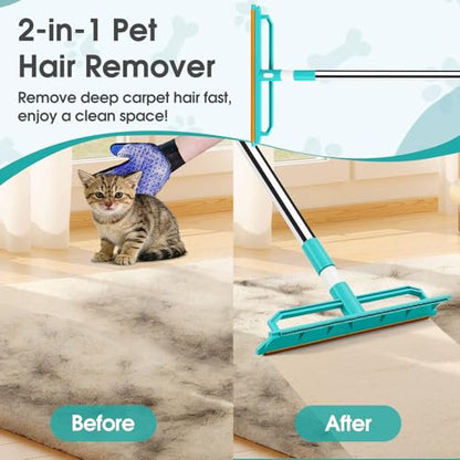 Carpet Rake for Pet Hair Removal, 2 in 1 Silicone and Copper Rake Teeth Carpet Rake with 59” Adjustable Long Handle, Reusable Pet Hair Remover Tool Kit with Carpet Scraper and Glove - size: 59”