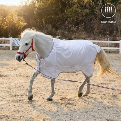 BARN & STABLE Breathable and UV Protective Tear-Resistant Mesh Horse Fly Sheet Comfy Equine Summer Sheet with Removable Web Leg Straps - color: White - Curvy Fit, size: 75 in