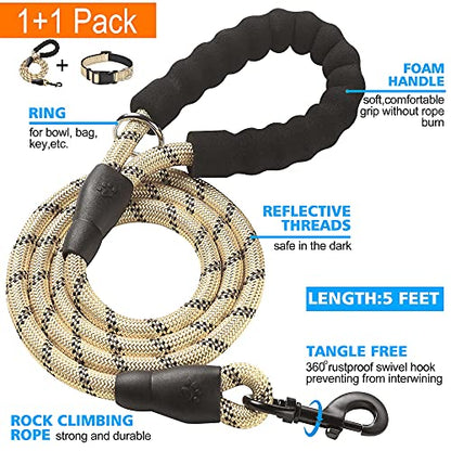 Ladoogo Reflective Dog Collar Padded with Soft Neoprene Breathable Adjustable Nylon Dog Collars for Small Medium Large Dogs (X-Small (Pack of 1), Beige Collar+Leash) - color: Beige, size: X-Small