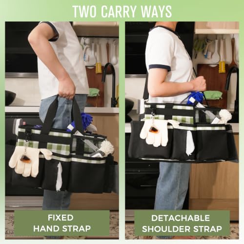SCAVATA Wearable Cleaning Caddy, Cleaning Caddy Supplies Organizer with Handle & Shoulder Straps for Housekeepers, Under Sink & Car Cleaning Tool Organizers Bag with 4 Foldable Divider (GreenPlaid) - color: GreenPlaid