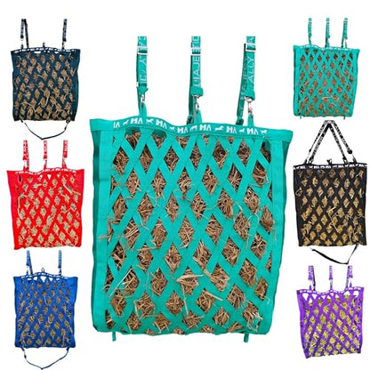 Majestic Ally Double Side Open Slow Feeder Hay Bag - Diamond Shaped Obliquely Placed Webbing (Turquoise) - color: Turquoise