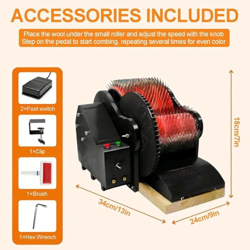 Electric Wool Carder, Adjustable Forward and Reverse Speed,Wool Fiber Drum Carding Machine with Brush & Awl, Foot Pedal, Quickly Remove Fiber Impurities, for Color Mixing Carding