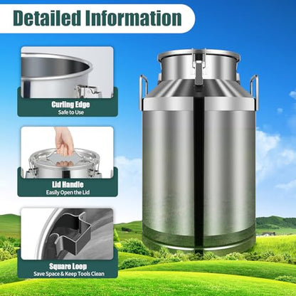 60L/15.8 Gallon Seamless 201 Stainless Steel Milk Can with Lid - size: 50L