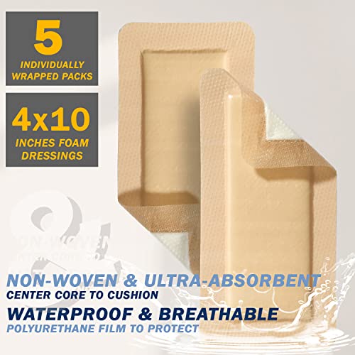 EVERLIT Care Silicone Foam Dressing with Adhesive Border | Highly Absorbent Hypoallergenic Bandages for Chronic Wounds, Bed Sores, Pressure Ulcers | Gentle & Secure Adhesion (4" x 10" | 5 Pack) - size: 4" x 10" | 5 Pack