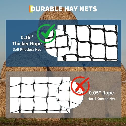 Round Bale Hay Net for Horses and Goats, 5x5 Ft Knotless Design Slow Feed Hay Net with 2'' Holes, Large Heavy Duty Slow Feeder Nets - size: 5x5FT