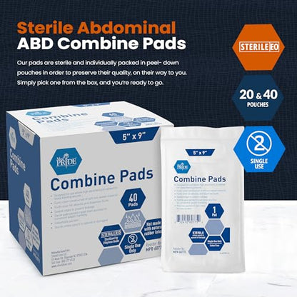 MED PRIDE Sterile ABD Combine Pads,5x9 in,Absorbent,Latex-Free,40-Count