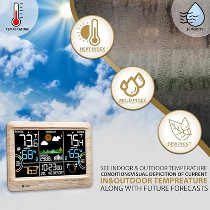 Weather Station Indoor Outdoor Thermometer Wireless Atomic Clock Wood | Home Atomic Clock Large Constant Display, Inside Outside Temperature Humidity Monitor, Dew Heat Point, Barometer - color: Multi