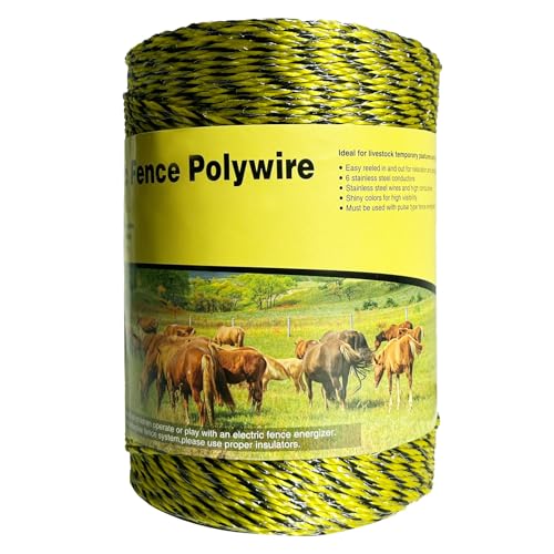Upgraded Electric Fence Polywire 1312feet 400 Meters,1/8 Diameter Portable Electric Fencing Polywires, 6 Stainless Steel Strands ，Easy to Install,Portable Electronic Fence,Yellow and Black - size: 1312Ft/400M
