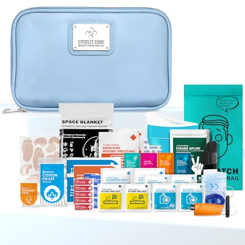 EVERLIT CARE Car First Aid Kit with Emergency Supplies Survival Gear Including Window Breaker Disposable Urine Bag Mountable Survival Kit for Family Travel in Car (Cyan) - color: Cyan