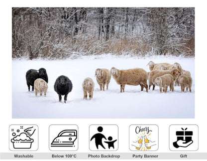4x4ft Fabric Fabric Winter Snow Sheep Backdrop Mixed Black White Wool Flock Snow Covered Wood White Ground Photography Background Tapestry Party Farm Decorations Banner Photo Booth Props - size: 4x4ft