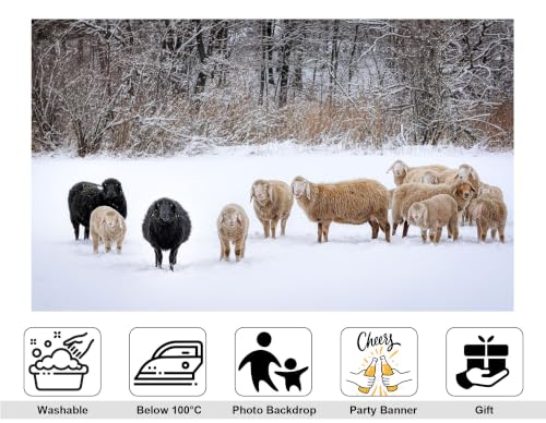 16x10ft Fabric Winter Snow Sheep Backdrop Mixed Black White Wool Flock Snow Covered Wood White Ground Photography Background Tapestry Party Farm Decorations Banner Photo Booth Props - size: 16x10ft