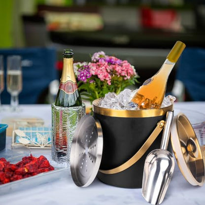 3L Insulated Stainless Steel Ice Bucket for parties with lid & scoop - color: Black