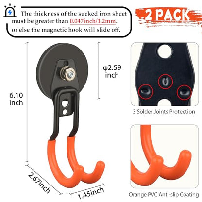 ULIBERMAGNET New Updated Garage Strong Magnetic Hooks, 2 Pack Heavy Duty Large J Hooks with Magnet, Anti-Slip Coating Magnet Hooks for Garden Tools, Ropes,Drill - style: Upgraded Orange Medium J Strong Hooks