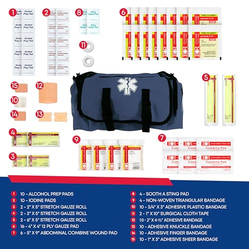 First Responder Trauma First Aid Kit Bag – Fully Stocked Emergency Medical Kit for Workplace, Vehicle & Home – OSHA & ANSI Compliant – Portable – Blue - color: Blue