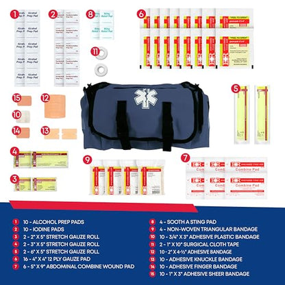First Responder Trauma First Aid Kit Bag – Fully Stocked Emergency Medical Kit for Workplace, Vehicle & Home – OSHA & ANSI Compliant – Portable – Blue - color: Blue
