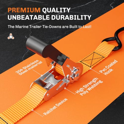 WELLUCK 304 Stainless Steel Boat Trailer Tie Down Straps 2400 LBS, 1 Inch x 4 FT Heavy Duty Ratchet Straps Transom Tie Downs to Trailer Marine Jet Ski Pontoon, High-Vis Orange Safety Harness - color: Silver（Stainless）
