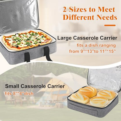 Insulated Casserole Carrier for Hot or Cold Food, Fits 8"-15" Baking Dish，Thermal Food Carrier Bag, Lasagna Lugger Tote for Potluck Parties/Picnic/Cookouts/Lunch, Grey，2 Pack