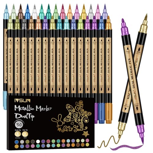 30 Colors Dual Tip Metallic Acrylic Paint Marker pens with Brush & Fine | Paint Marker for Black Paper, Scrapbooking, Photo Album, Rock, Wood, Card Making, DIY Arts & Crafts, Scrapbook Supplies - color: 30 Colors