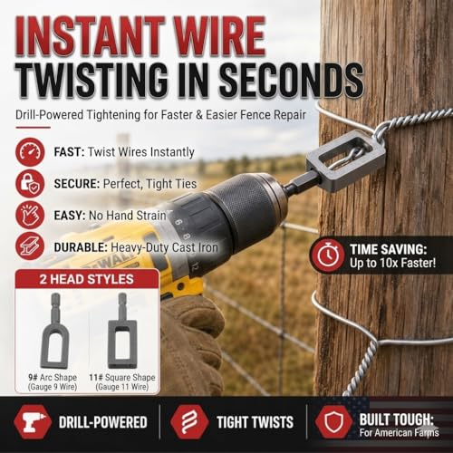 Wire Twister for Drill - 2Pcs Heavy Duty Fence Wire Twisting Tool Fits 9 & 11 Gauge Wire, 1/4" Hex Shank Drill Attachments, T-Post Clip Twister and Rebar Tie Wire Twisting Spinner for Farm & Garden