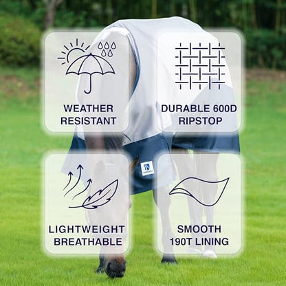 Horse Turnout Rain Sheet | 600 Denier Ripstop Turnout Blanket No Fill (0g) | Waterproof Lightweight Breathable | Tear-Resistant Outer & Rub-Free Silky Inner | Grey/Navy - 72 in - color: Grey/Navy, size: 72