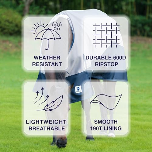 Horse Turnout Rain Sheet | 600 Denier Ripstop Turnout Blanket No Fill (0g) | Waterproof Lightweight Breathable | Tear-Resistant Outer & Rub-Free Silky Inner | Grey/Navy - 74 in - color: Grey/Navy, size: 74