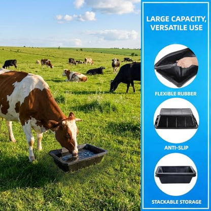 Cididu 2 Pack Rubber Feeder Pan, 10 Quart Large Horse Trough Feeder Bucket, Heavy Duty 2.5 Gallon Chicken Dust Bath Tub Water Bowl for Pig Goat Dog Cat Farm Livestock Animal Feeding, Rectangular