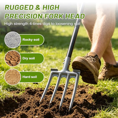 Pitch Fork, 46 inch Garden Fork with Metal 4 Tines & Ergonomic D Handle, Heavy Duty Pitchforks for Gardening Digging Composting Soil Loosening