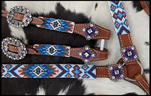 Showman Blue Beaded Southwest Design Single Ear Leather Headstall & Breast Collar Set, Average Full Size Horse