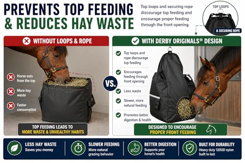 Derby Originals Heavy Duty 1200D Horse Hay Bag – Patented Ventilation Windows, Anti-Waste Feeding Design, Holds 2-3 Flakes, Slow Feed Front Opening, 6-Month Warranty - color: Red