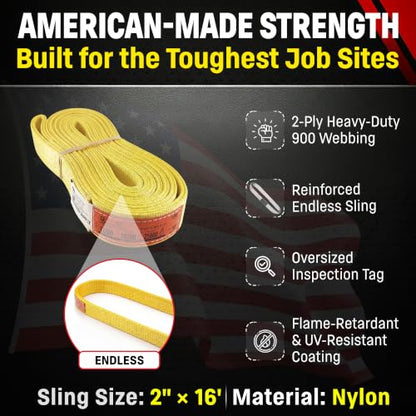 DD Sling 2" x 16' Nylon Endless Lifting Sling – USA Made | 12,800 lb Vertical, 10,200 lb Choker, 25,600 lb Basket – 2 Ply Heavy Duty 900 Webbing, Type 5 Endless Rigging Sling - size: 2"x16'