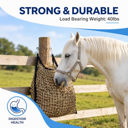 3 Pcs Slow Feed Hay Net for Horses, 35 x 31 Inch Large Capacity Slow Feed Hay Bag Feeder with 6 Hooks Durable for Horses Goats Sheep Donkey Trailer Full Day Feeding, Easy to Fill and Hang
