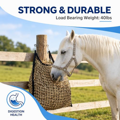 3 Pcs Slow Feed Hay Net for Horses, 35 x 31 Inch Large Capacity Slow Feed Hay Bag Feeder with 6 Hooks Durable for Horses Goats Sheep Donkey Trailer Full Day Feeding, Easy to Fill and Hang