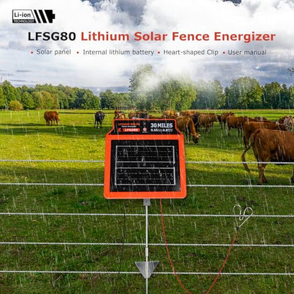 LFGS80 Solar Electric Fence Charger, 50 Miles, 0.8J Portable Solar Powered Charger 24-Hour Uninterrupted Protection, Day or Night Mode for Livestock, Cattle Sheep, Pigs, Horses - size: LFGS80