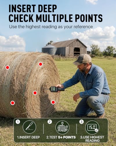 Hay Moisture Tester with 20" Probe, Moisture & Temperature Meter for Round and Square Hay Bales, Fast Backlit Readings, Calibration Clip Included, Black