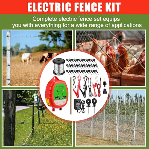 8 Mile Electric Fence Kit for Livestock, 12kv 2J Electric Fence Charger 50 Black Insulator 1 Socket Tool 250ft Aluminum Wire for Predators Deterrent Farm Fencing System
