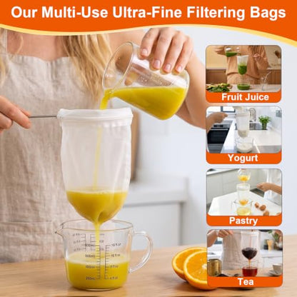Nut Milk Strainer Bag Set, 3 Filters & 1 Stainless Handle | Secure Closure & Stainless Steel Handle, Washable Fine Mesh for Pulp-Free Nut Milk, Juice & Cold Brew