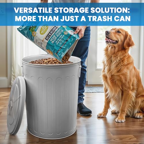 Plexon 20 Gallon Metal Trash Can with Lid Outdoor Large Trash Bin Steel Garbage Can for Garage Patio Farmhouse Bucket Bird Seed Storage Can Heavy Duty Round Container - color: Gray