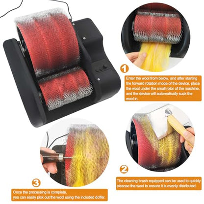Electric Wool Carding Machine,Wool Fiber Drum Carding Machine with Brush & Awl,Adjustable Combing Speed,Automatically Clean Residual Wool,Fast Color Mixing, Combing, Spinning,for DIY Craft Make Felt.