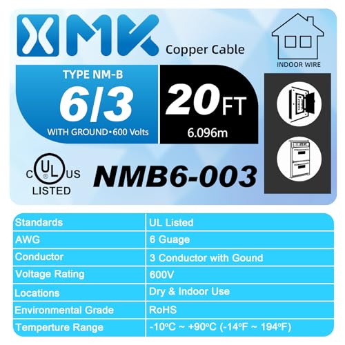 XMK NM-B 6/3 Wire with Ground,20ft 6/3 6AWG Copper Wire 6 Gauge 3 Conductor - size: 20ft, style: 6 AWG-3 Conductor w/ Ground